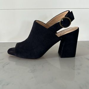 Sole Society navy blue suede blocked heel sandal.